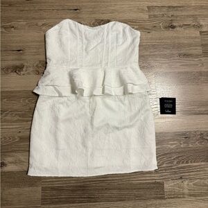 Lulus white floral detailed strapless mini dress with ruffles